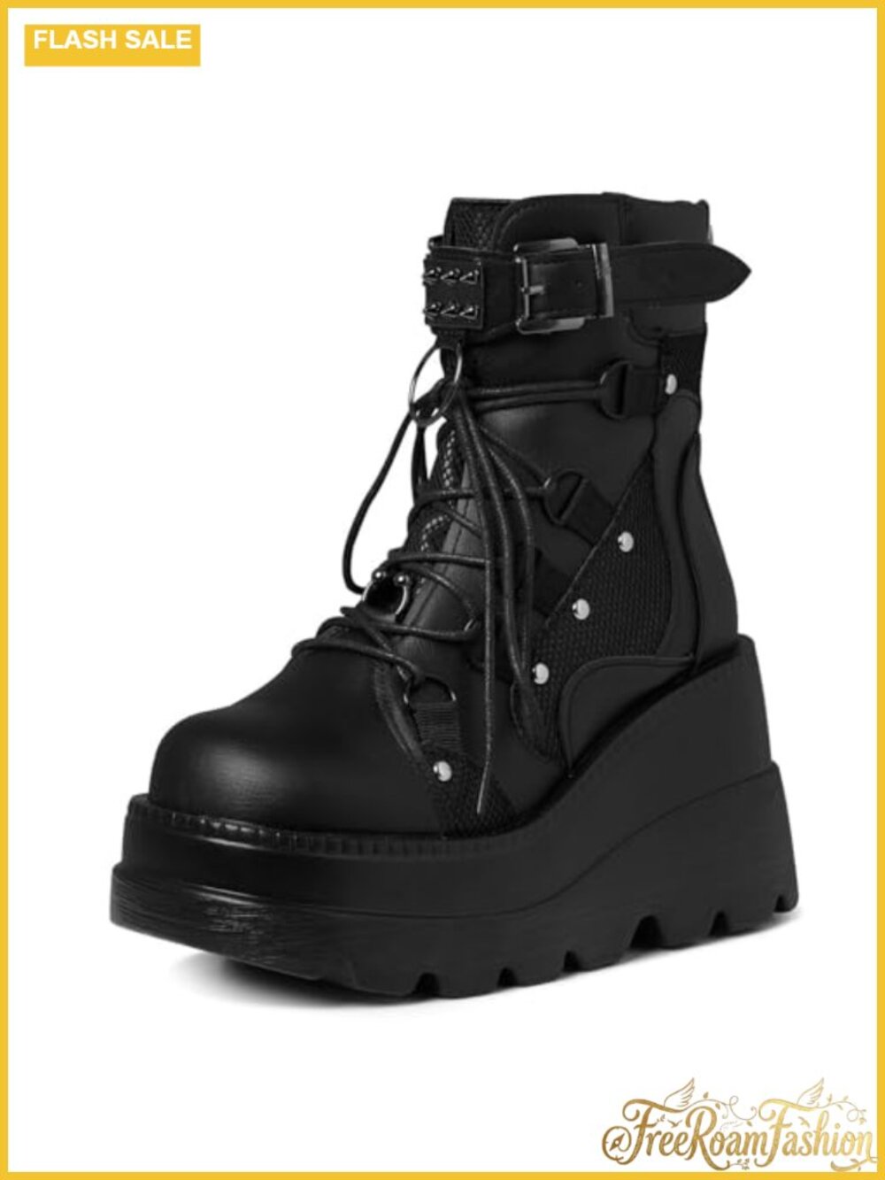 Goth Platform Ankle Boots Vegan PU Leather Chunky Wedge Heel Rave Booties